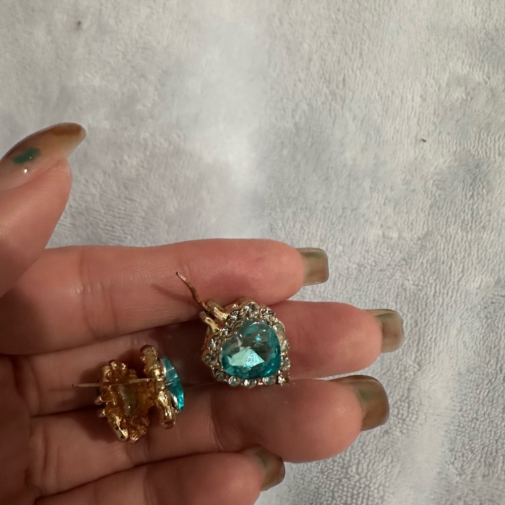 Gold and Teal Heart Stud Earrings